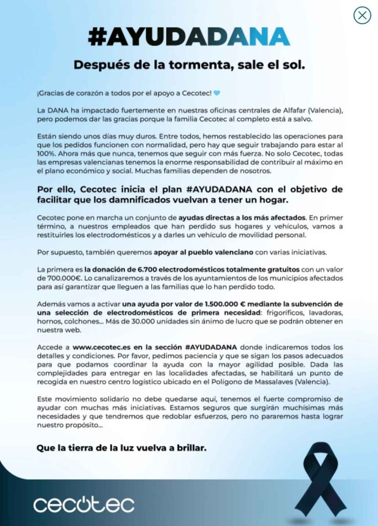 Cecotec pone en marcha #AYUDADANA. Plan de donaciones y ayudas para afectados por la DANA en Valencia 3 Cecotec pone en marcha #AYUDADANA. Plan de donaciones y ayudas para afectados por la DANA en Valencia 1